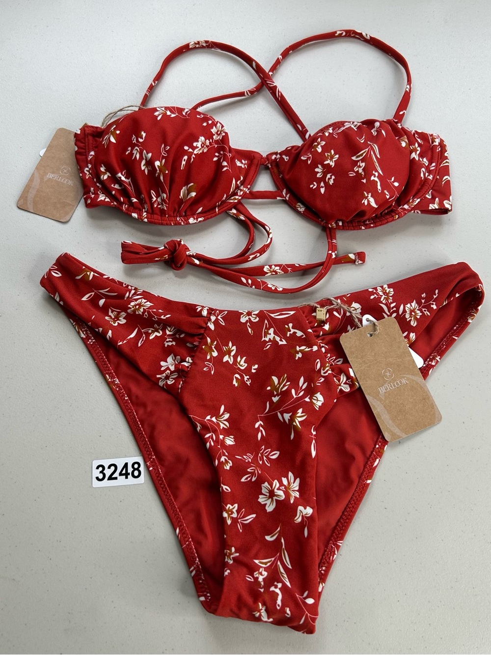 Berlook Bikini Set Medium Red Floral Print Ruched Bottom Underwire Top New - Picture 9 of 9